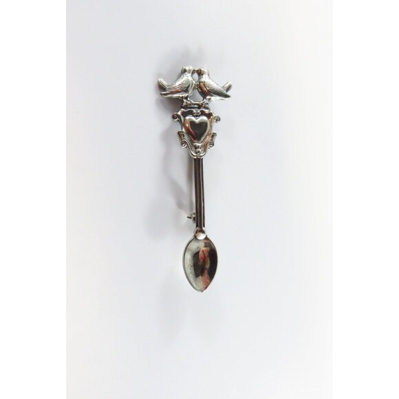 Lovely Little Sterling Silver Love Birds Spoon Brooch 2 5/8" Long - Picture 1 of 6